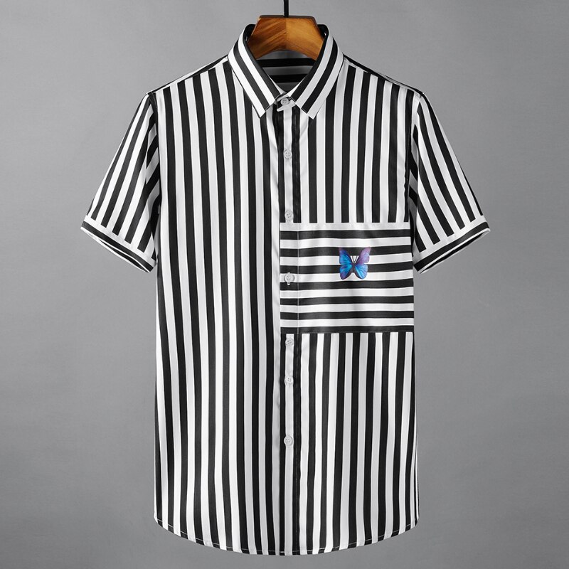 Minglu Tencel Männlichen Hemden Luxus Kurzarm Schmetterling Druck lässig Mens Kleid Hemden Sommer schlank passen Streifen Mann Hemden 4XL