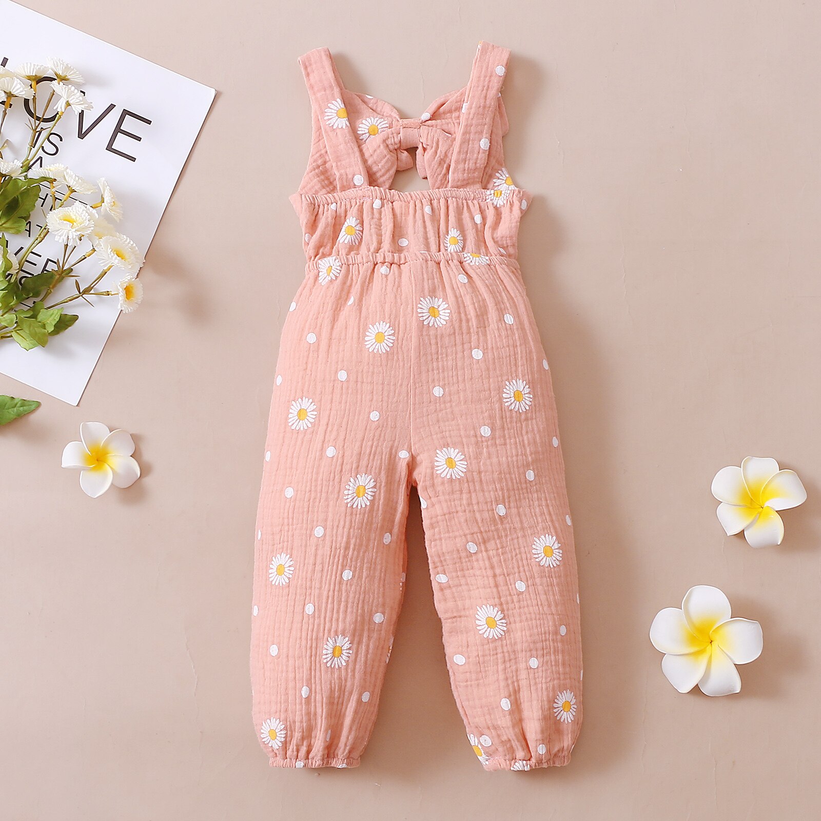 Peuter Baby Meisje Mouwloze Romper Daisy Print Hollow Out Bow-Knoop Decor Lange Bodysuit Casual Zomer Jumpsuit Playsuit