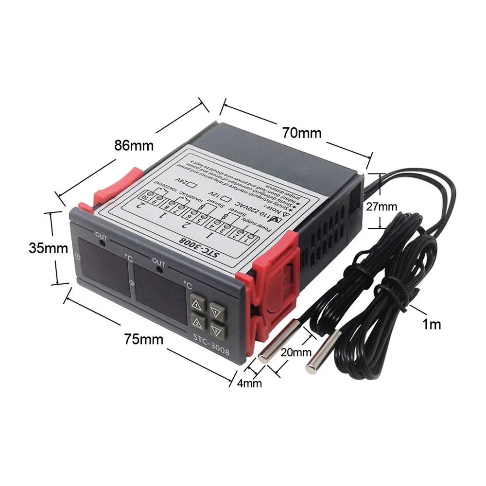 Controlador de temperatura Digital Dual STC-3008, calentador de termostato de dos salidas de relé con sonda de 12V, 24V, 220V, calor frío para refrigerador doméstico