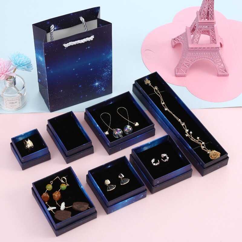 10pcs Starry Sky Jewelry Box Dark Blue Jewelry Box Bag Spot Porous Ring Packaging Boxes Party Supplies: 9x9x3cm