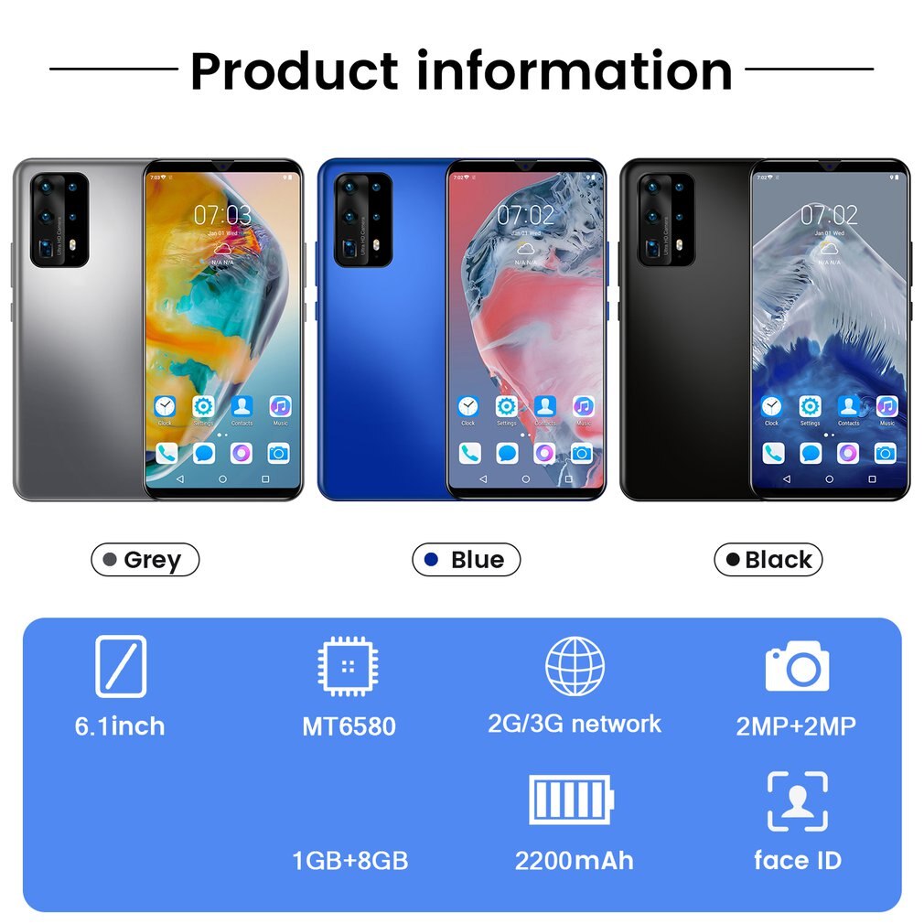 P45 Pro + 6.1 pollici per smartphone 1 + 8g Android smart phone ultra-sottile grande schermo a schermo intero frequenza doppia scheda dual standby