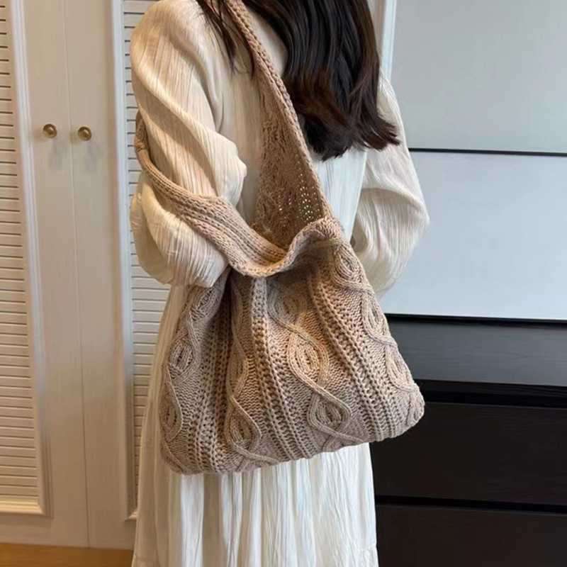 Bolso tipo shopper de hombro tejido de lana para mujer, bolso de compras Vintage de tela de algodón para niñas, bolso grande para mujer, bolso de ganchillo