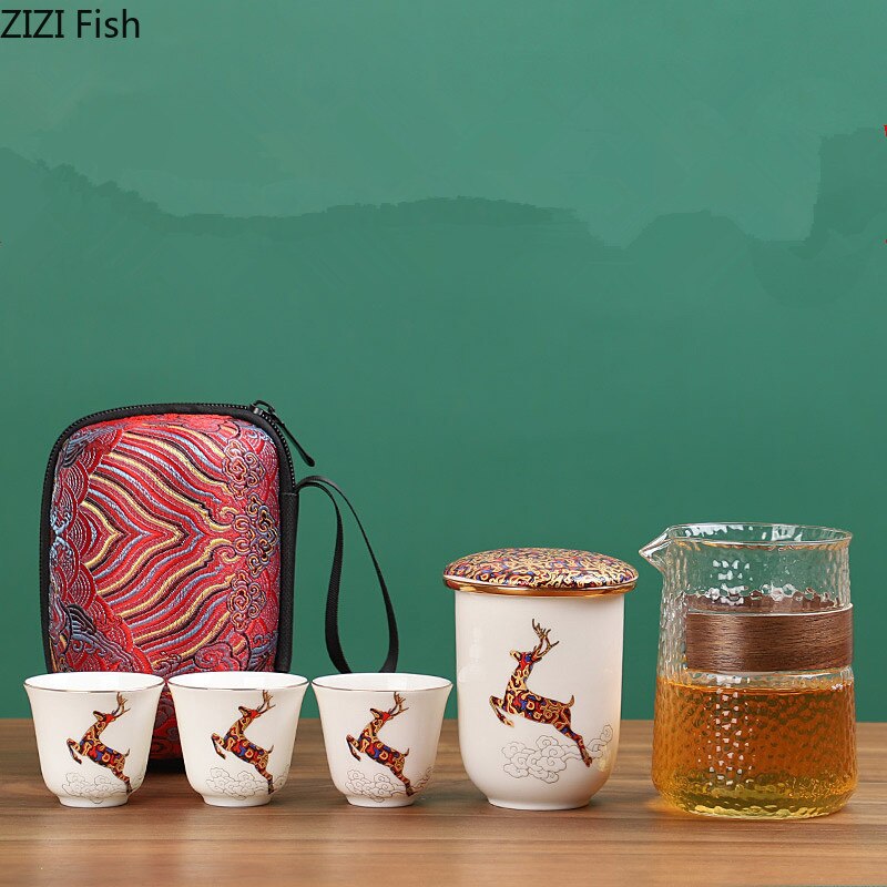 Portable Ceramic Kung Fu Tea Set One Pot and Three Cups Glass Travel Tea Set Japanese-style Hand Painted Home Tea Set Supplies