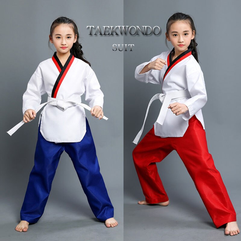 Erwachsene Mann Männlich Weiblich kind kinder Atmungsaktive baumwolle Taekwondo uniform Genehmigt Taekwondo training dobok kleidung mit 1 gürtel F