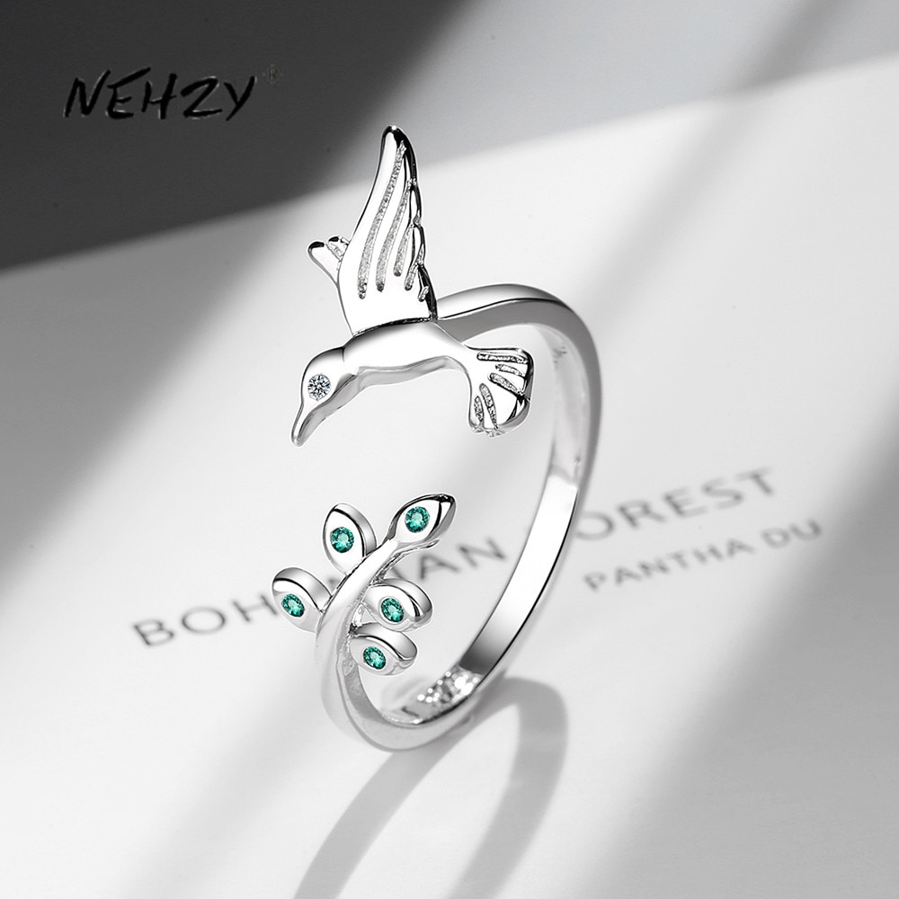 Nehzy S925 Stempel Zilver Vrouwen Mode-sieraden Crystal Zircon Leaf Bird Eenvoudige Opening Verstelbare Ring