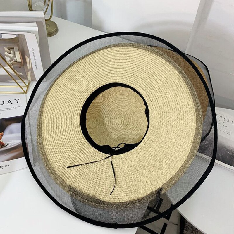 sol sombreros para las mujeres de ala ancha Floppy sombrero de paja de verano Bohemia playa tapa cinta sombrero negro