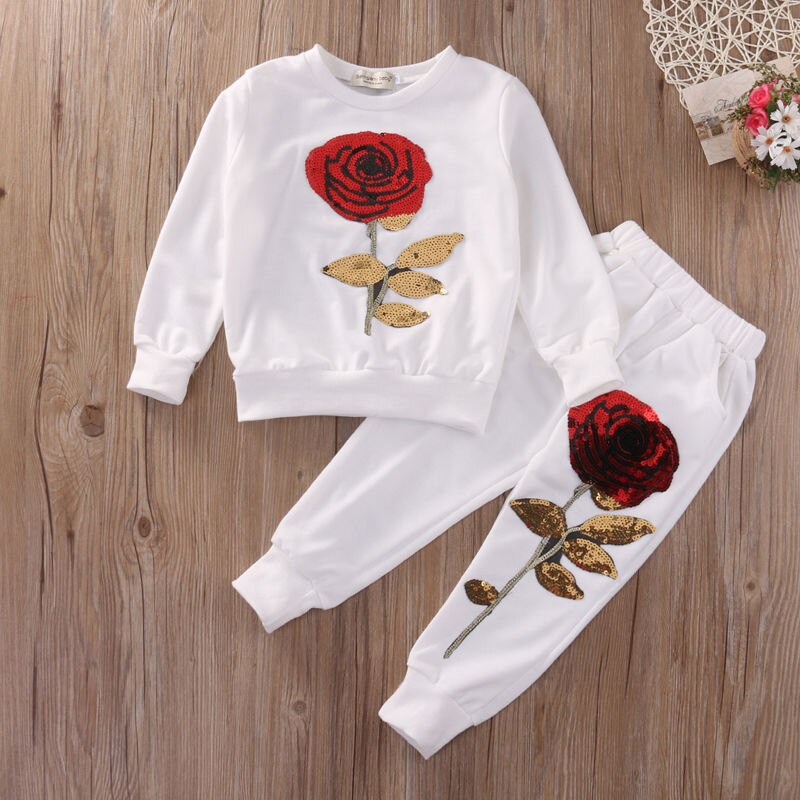 Brand Toddler Infant Kids 2PCS Girls Sequins Rose Outfits Clothes T Shirt+Long Pants Set Tracksuit Casual Set 2-7Y: White / 2T