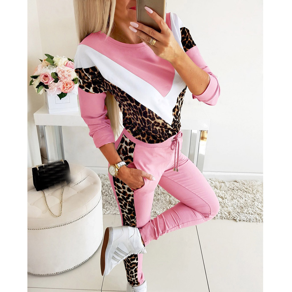 womens tracksuit in the gym Women's Leopard Stitching Color Matching Casual Sweatshirt Two-Piece sport Suit #D