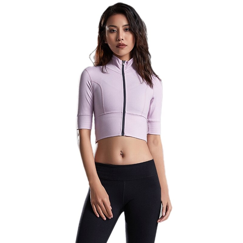Ropa Deportiva ajustada de manga corta para mujer, con cremallera y botones al descubierto: Purple / S