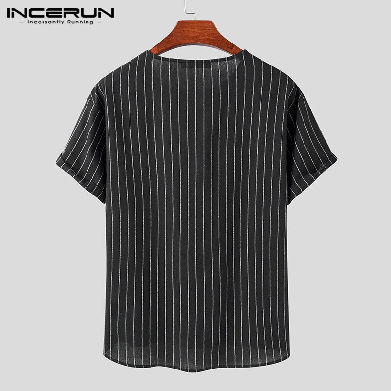 Incerun herr randiga skjortor casual kortärmad v-ringad camisa man bomull andas blusas lös harajuku blus s -5xl 7