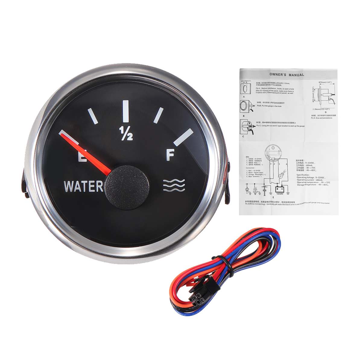 52mm 0-190ohms Marine Water Level Gauge Stainless Steel Boat Water Tank Level Indicator Gauge Tool White/Black Durable