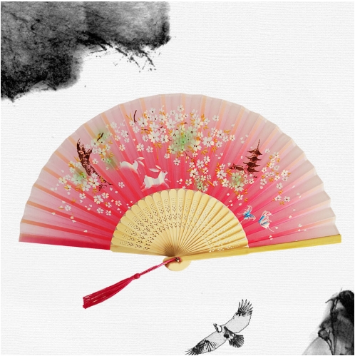 Abanico plegable de mano de seda con estampado de estilo japonés chino tradicional, borla de mango de madera, de boda , decoración del hogar: Multicolor