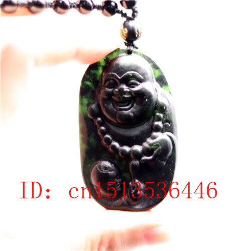 Chinesische Schwarz Grün Jade Maitreya Buddha Anhänger Natürliche Hand Carving Halskette Amulett Glück Männer zur Seite fahren Kette