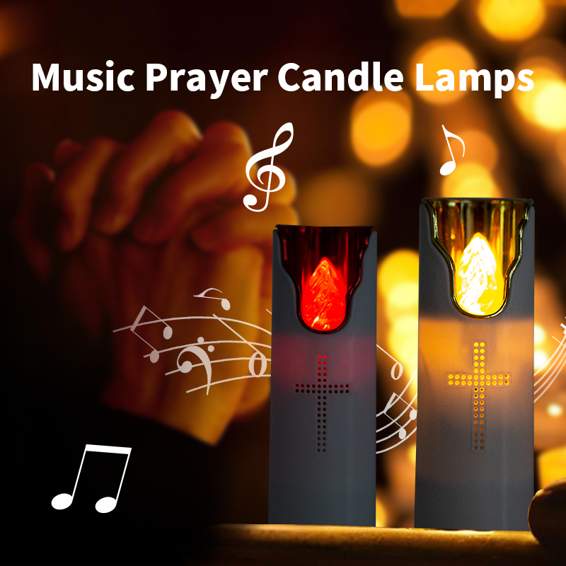 Bougie LED sans flamme pour prière, flamme oscillante avec haut-parleur musical, piles sèches, lampe à bougie en plastique pour église et tombe