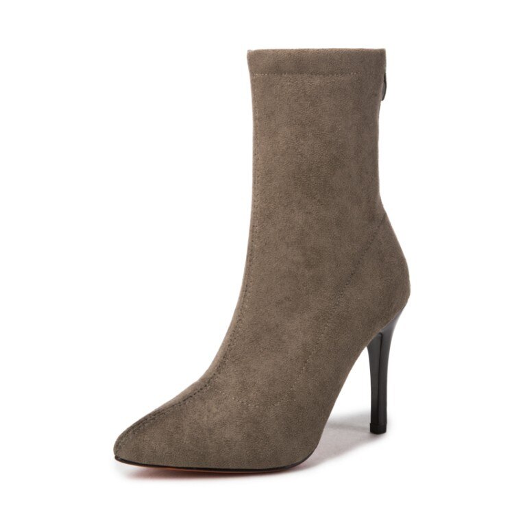 Dam sock boots spetsiga tå elastiska hög slip on häl hög ankel pumps stilett botas mujer höga boots zapatos muje: Brun / 7