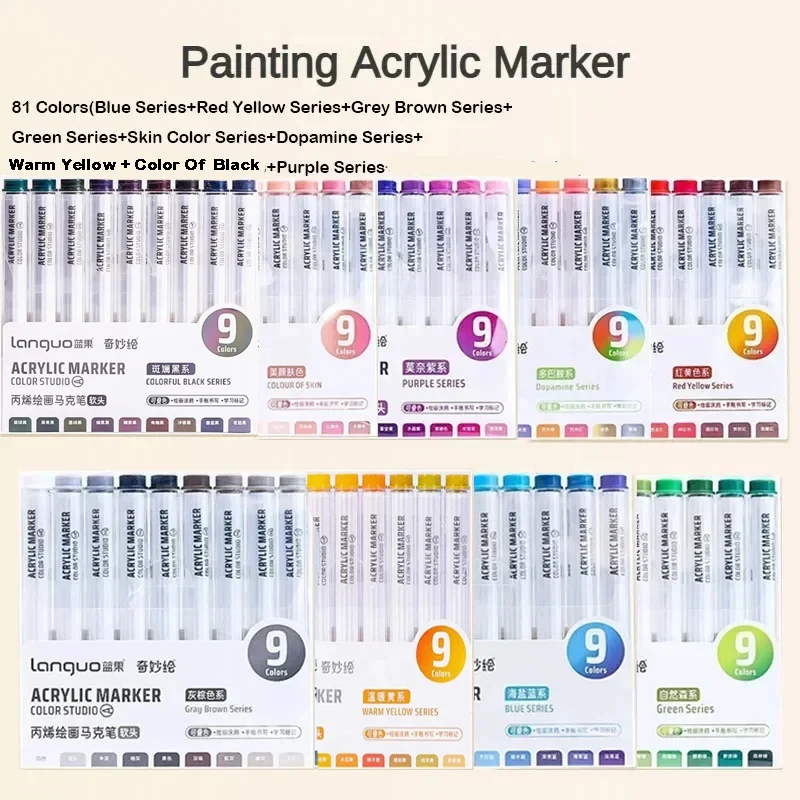 Canetas marcadoras de tinta acrílica, 81/72/63/9 cores, desenho diy para pintura em rocha, tecido de vidro cerâmico, cartão diy, materiais de arte, papelaria
