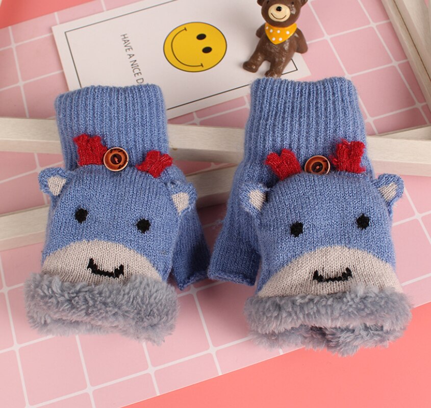 Childrens Winter Half-Vinger Handschoenen Leuke Cartoon Verdikte Plus Fluwelen Warmte Student Clamshell Gebreide Handschoenen