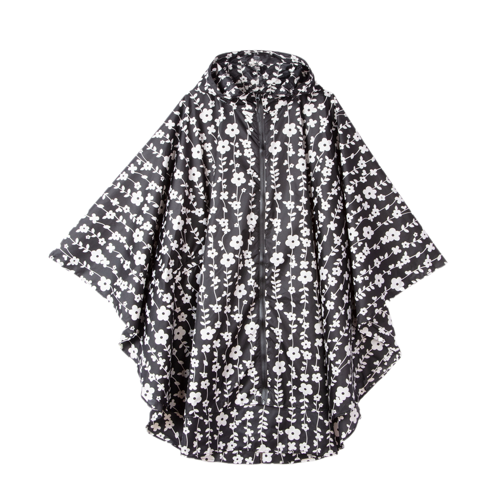 Women Men Flower Printed Raincoat Poncho Hooded Waterproof Jacket: Black