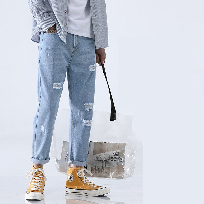 Pantalones vaqueros rotos para hombre, Jeans rotos de Hip Hop, ropa de calle, color azul claro