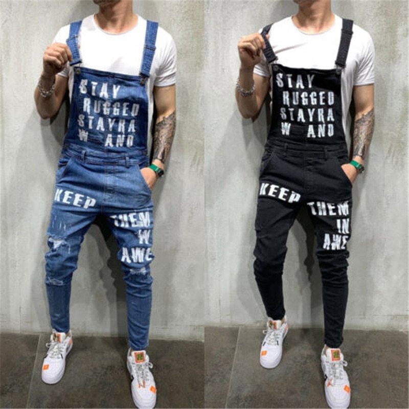 Menn ripped jeans jumpsuits hi street distressed denim bib overalls mann suspender denim bukser herre lekedress