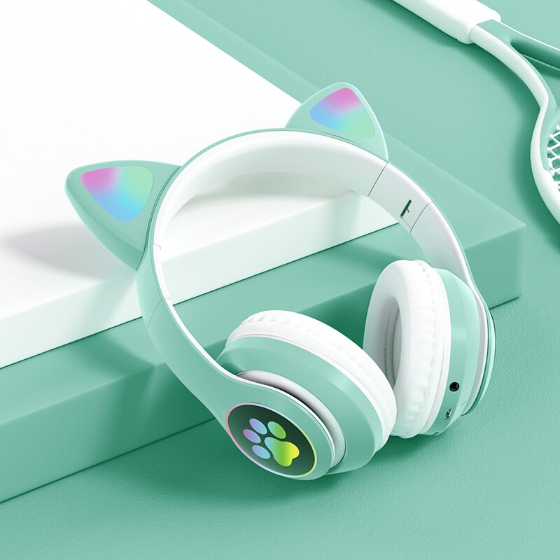 Wireless Headphones for Kids & Adults - RGB Cat Ear Bluetooth 5.0 with Mic, Noise Cancelling, TF Card Support: Green