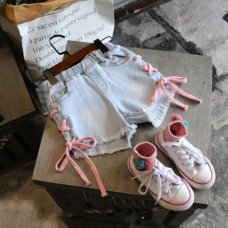 summer children kids clothes denim pants soft cute side contrast color cross strap baby girl shorts jeans