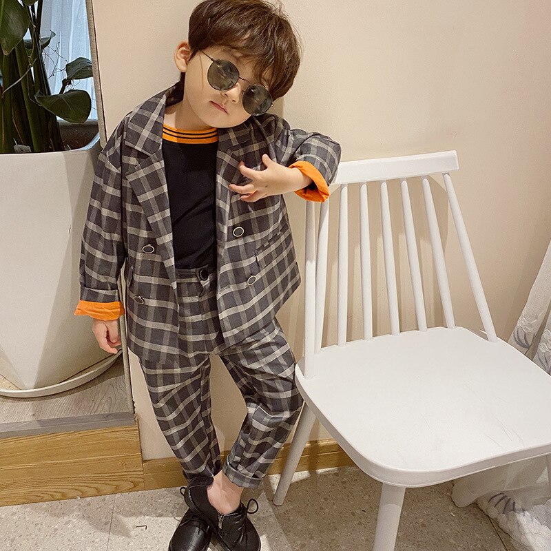 Set di abiti scozzesi per bambini ragazzi Leisure Grid Stripe Dress costumi Host bambini Blazer doppiopetto pantaloni 2 pezzi set di abbigliamento