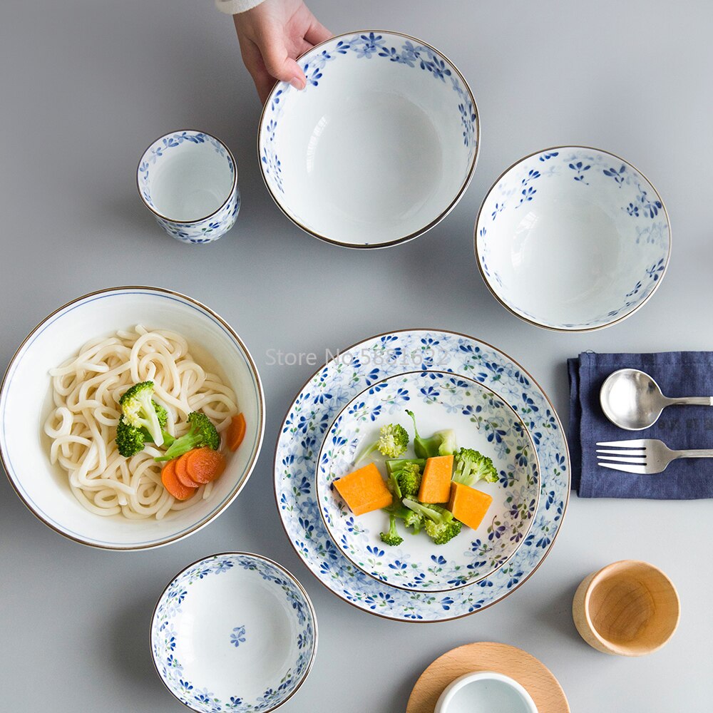 Serie de flores azules de estilo japonés, vajilla de cerámica de hueso claro, plato para el hogar, plato occidental, tazón de arroz, tazón grande