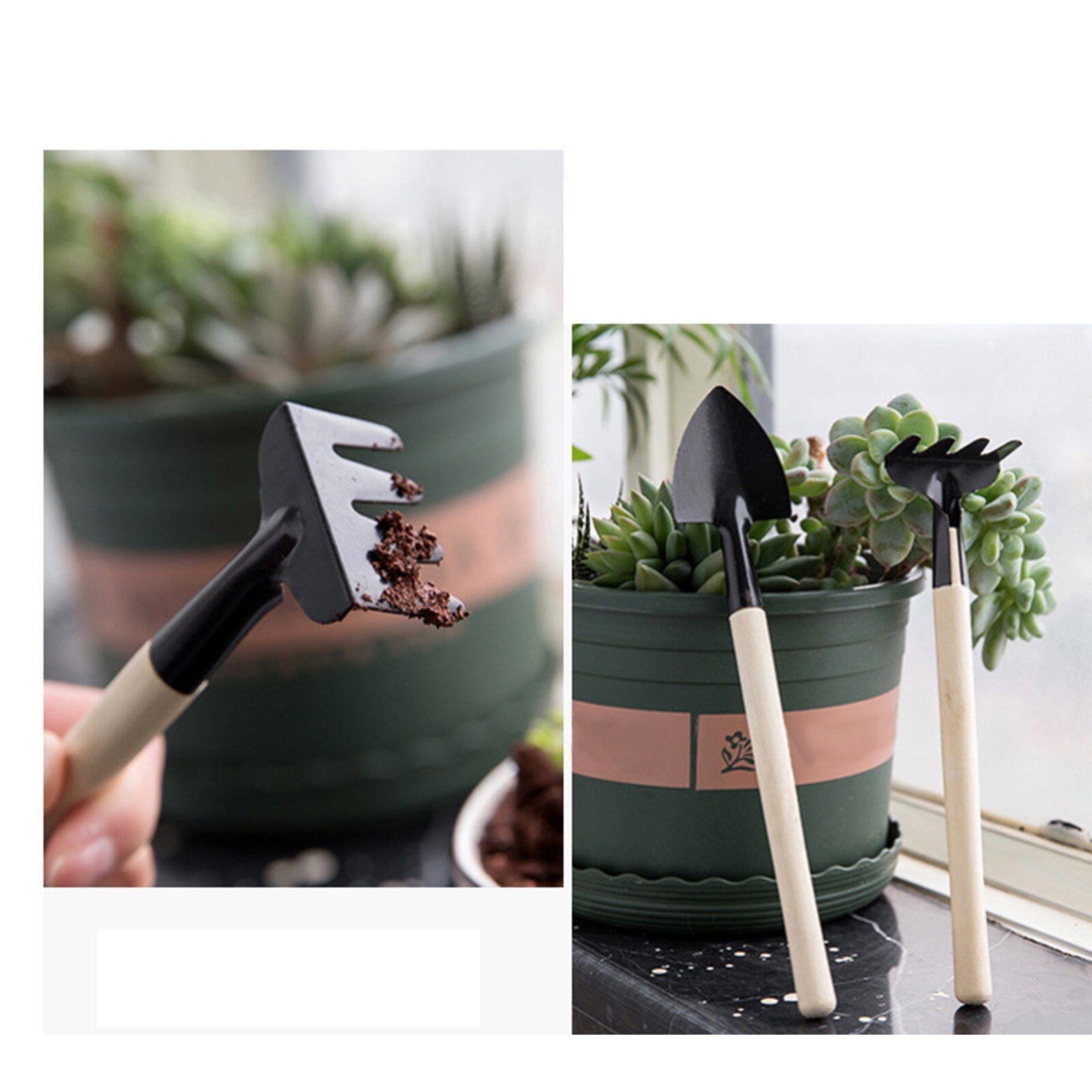 Wooden Handle Gardening Tools Portable Gardening Tool Metal Garden Soil Gardening Tools Shovel Spade Rake 3-Piece Set Mini