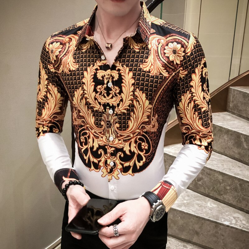 Black Gold Baroque Shirt Men Slim Fit Camisas Para Hombre Paisley Pattern Shirt Men Camisa Social Masculina Long Sleeve Shirt