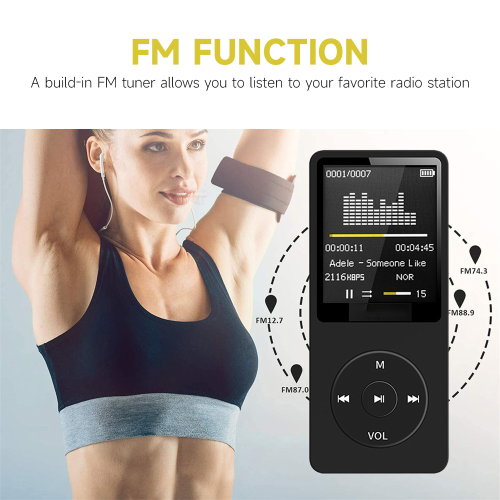 Reproductor MP3 portátil con pantalla TFT de 1,8 pulgadas, micrófono incorporado, batería de litio, compatible con tarjeta TF, Radio FM, grabación de voz, reproductor MP3