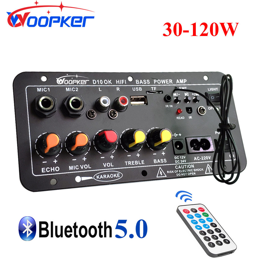 Woopker-placa amplificadora de Audio, 30-120W, compatible con micrófono Dual, Bluetooth, amplificador Subwoof para altavoz de 4Ohm, 12V, 24V, 110V, 220V