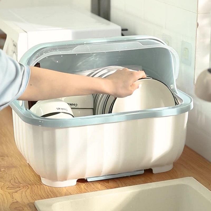 Armadietto per piatti da cucina Dishe Cestello di scarico per bacchette Multifunzionale antipolvere con coperchio Cestello portaoggetti per categoriezione stoviglie