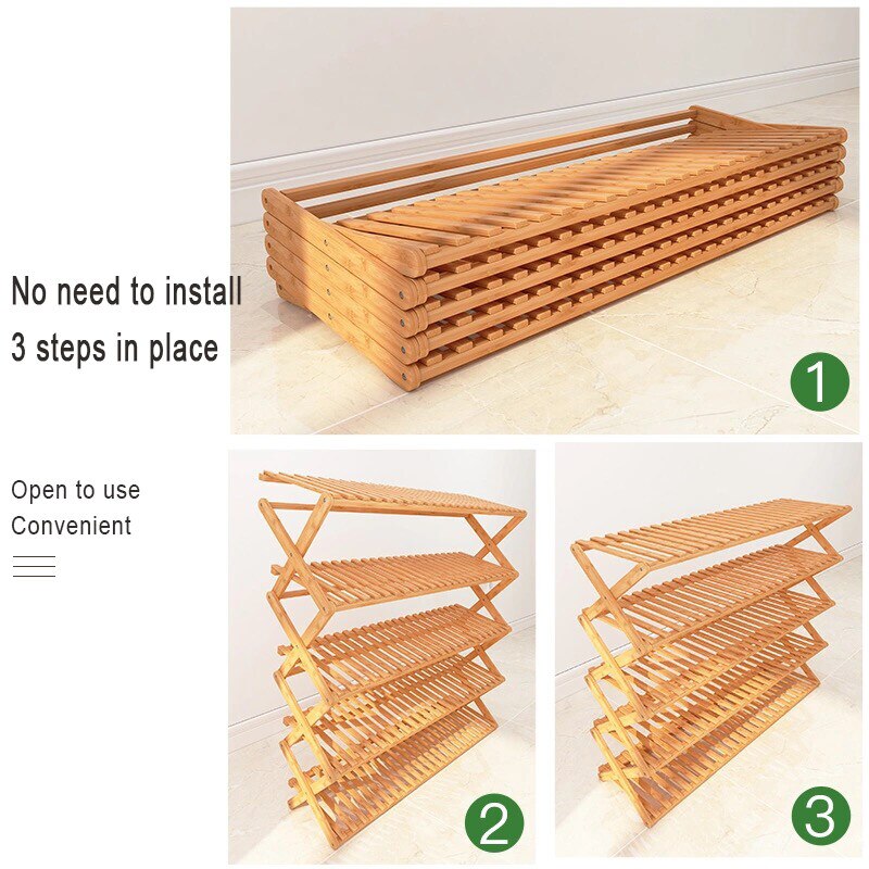 Shoe Rack Folding Multi-layer 3/4/5 Shoe Box Shelf Installation Free Shoe Cabinet Log Door Storage Rack Bamboo Shoe Cabinet