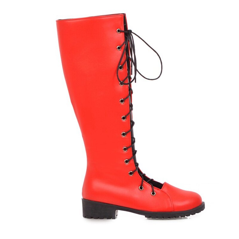 REAVE CAT Knee High Boots for Women Round Toe Square Heel Lace-up Patchwork Cross-Tied Platform Big Size 40-43 Black Red