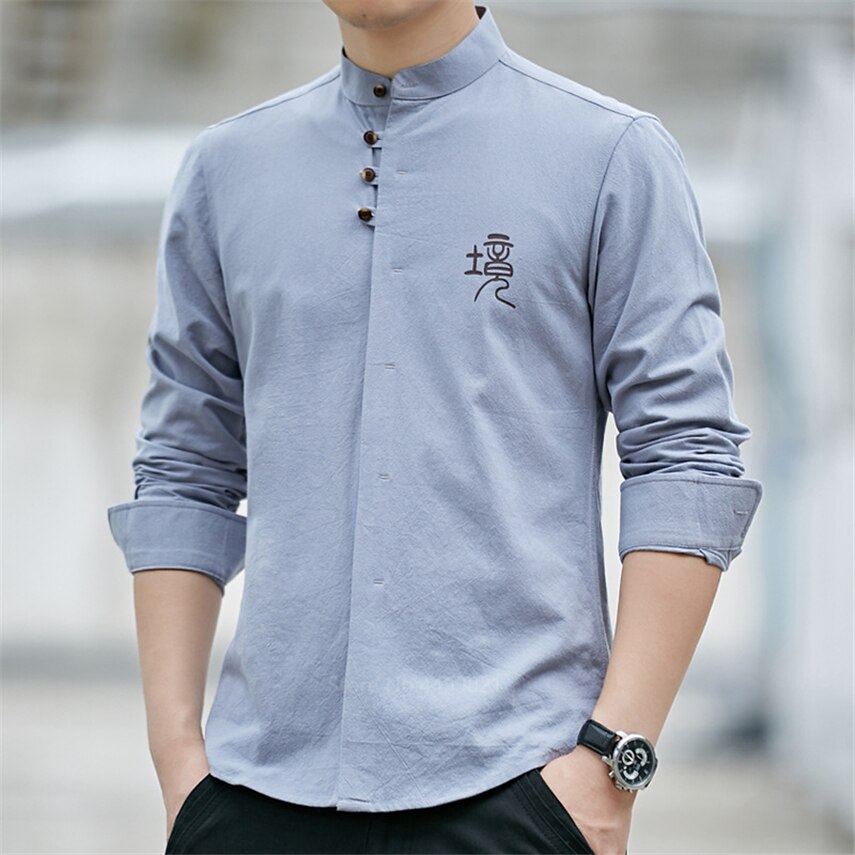 Retro Chinese Man Shirt Casual 100% Katoen Traditionele Tops Mannelijke Mandarijn Kraag Effen Kung Fu Kleding Tuniek Tang Pak
