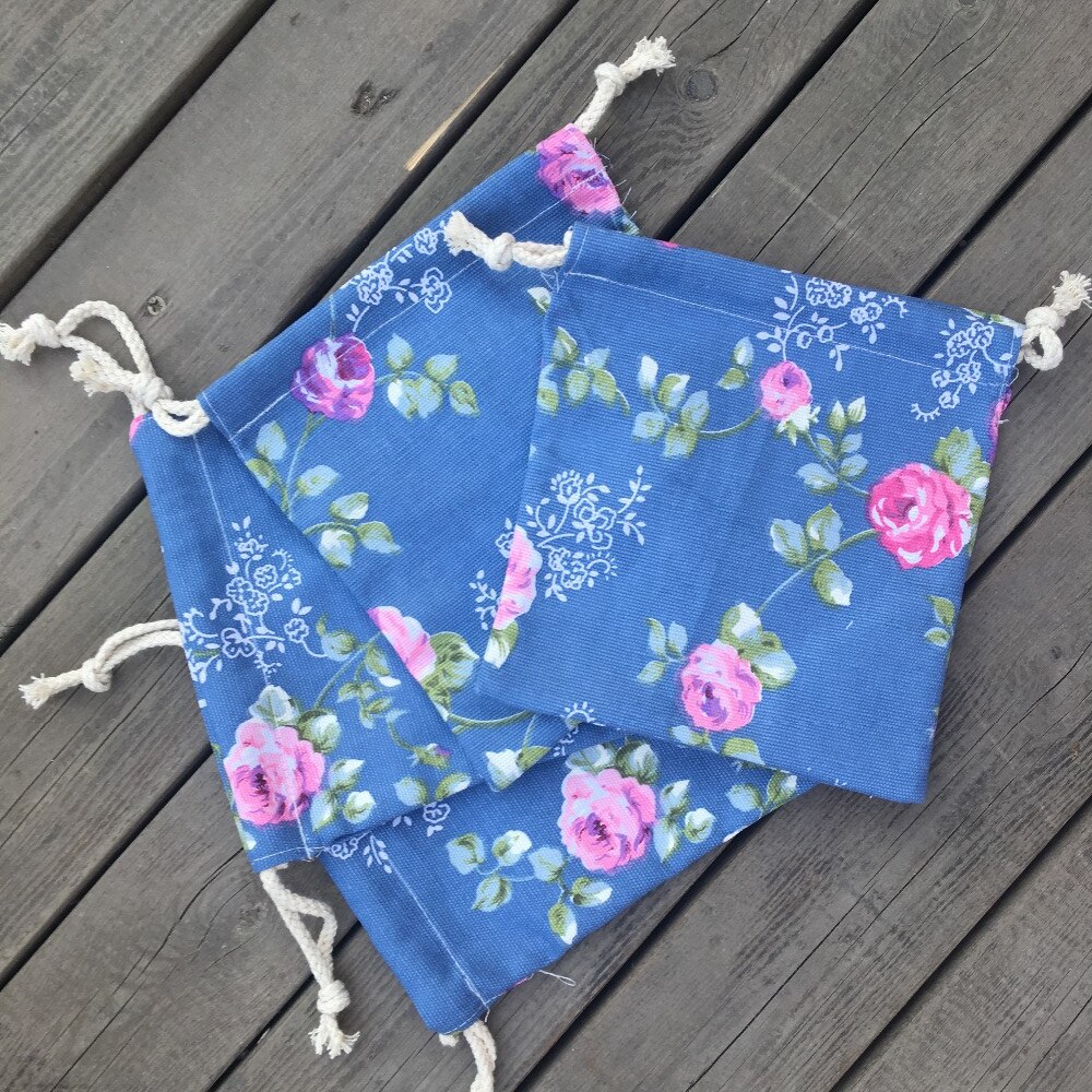 Cotton Canvas Drawstring Organized Pouch Party Bag Rose Flower Blue Base YILE9318c