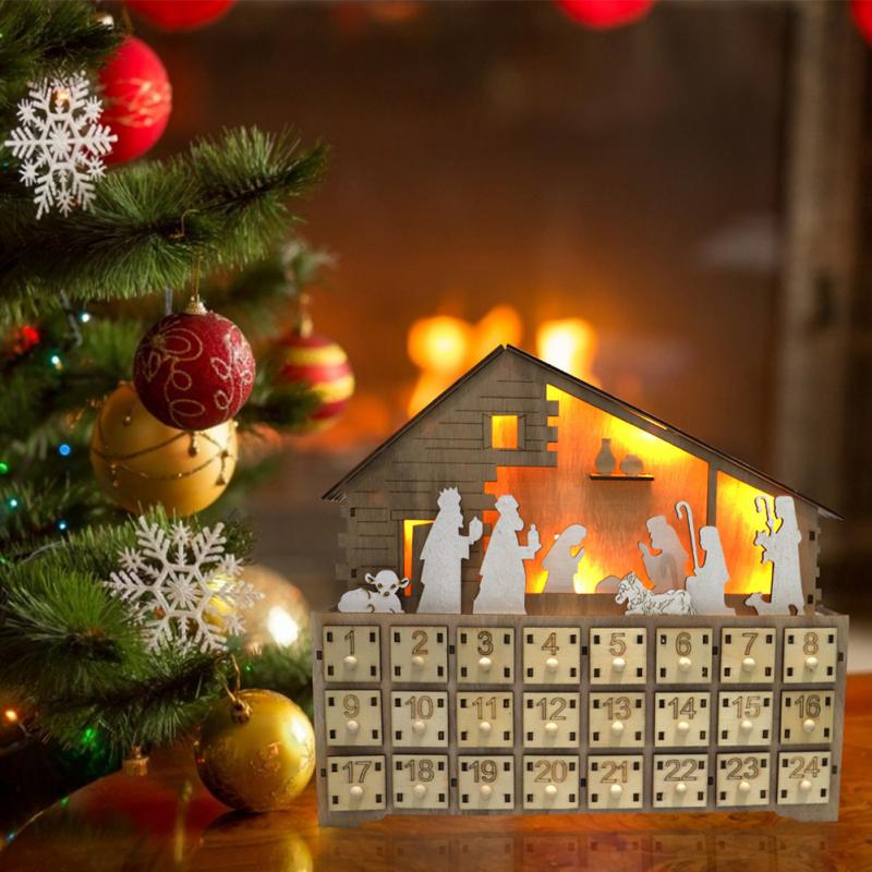 Wooden Countdown Christmas Led Light Calendar Box Cabinet Nativity Manger Home Decoration Accessories