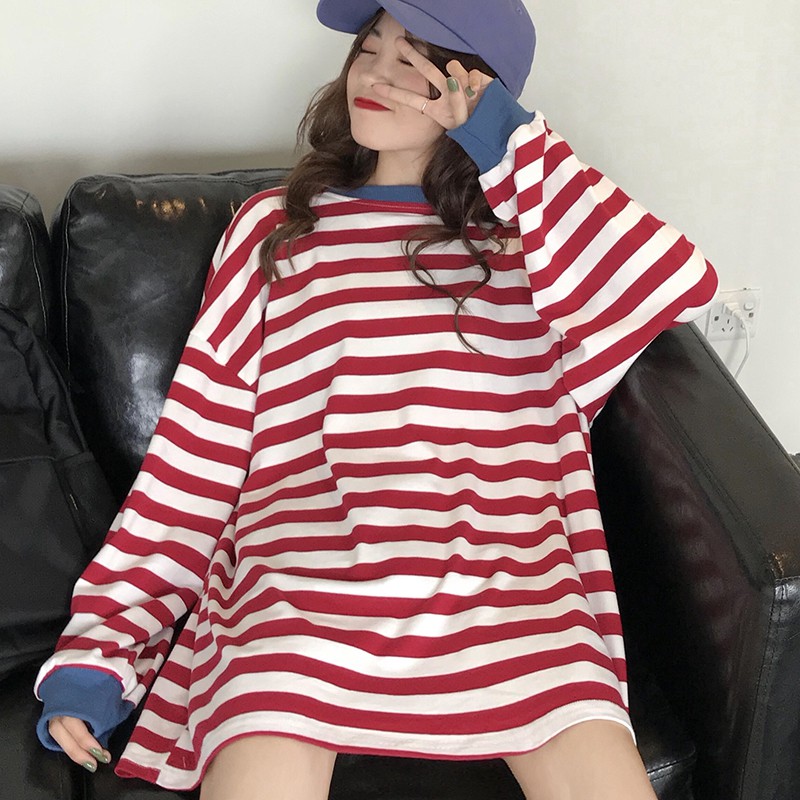 Camiseta de rayas de gran tamaño para mujer estilo coreano Casual Hip Hop Streetwear Friends 90S Grunge estético básico Tee cosas más raras: Rojo / M