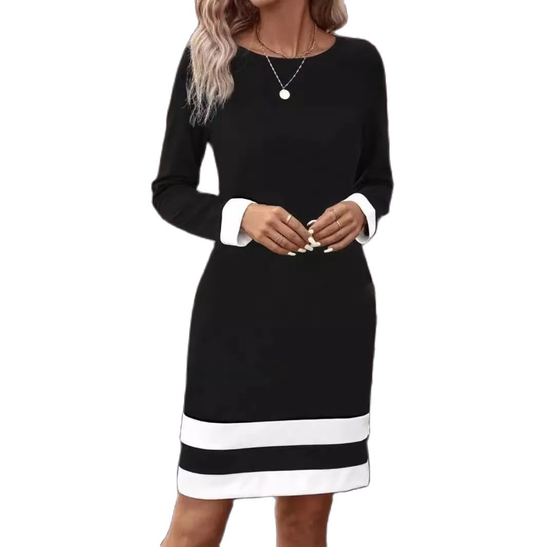 vestido ajustado de manga larga con parte inferior de punto y cuello de lunares para otoño e invierno: S