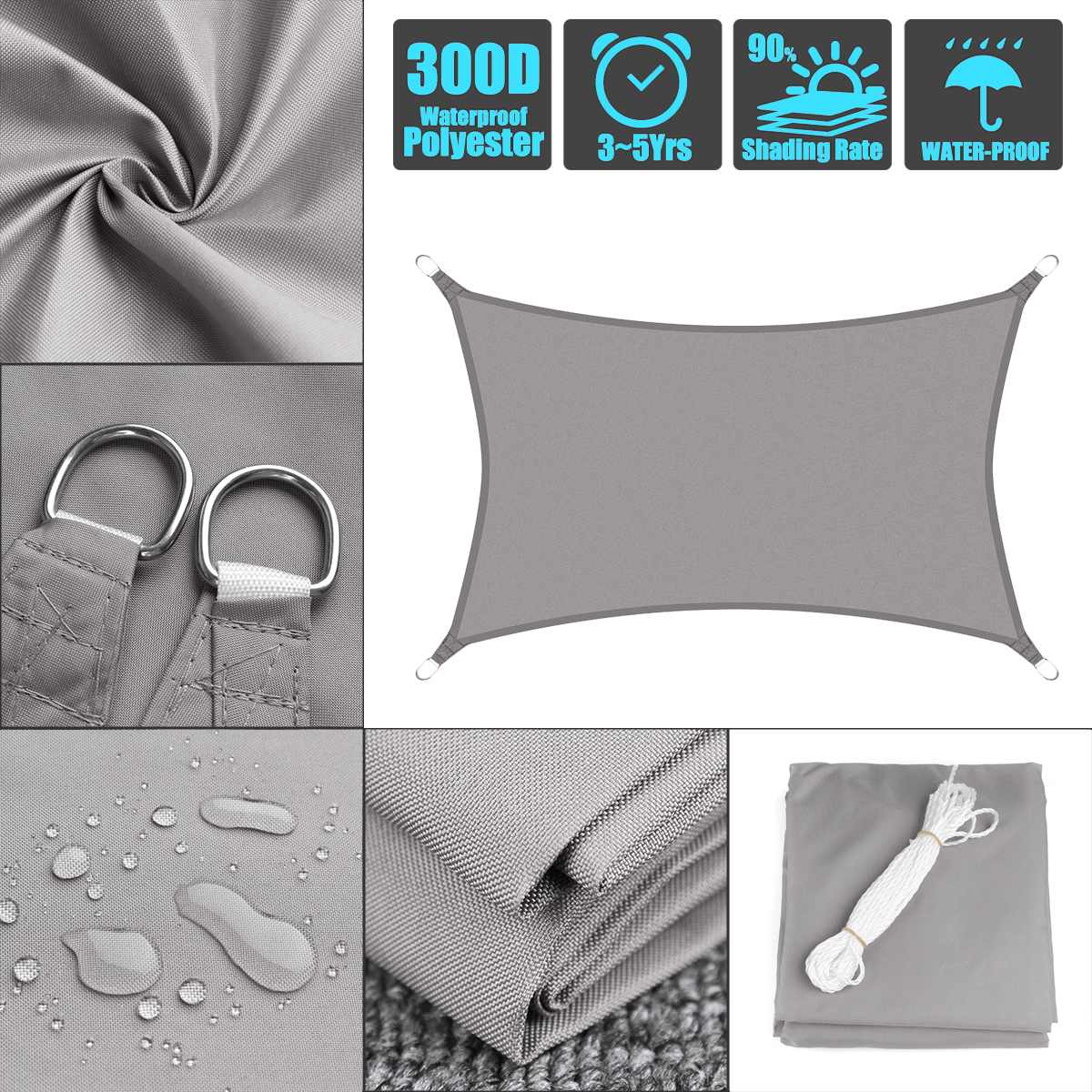 2.5x3 14 color Sun Shade Sail Outdoor Patio Lawn Pool Rectangle Cover Block Canopy Swimming Pool Cover Sunscreen Tent Waterproof: Grey