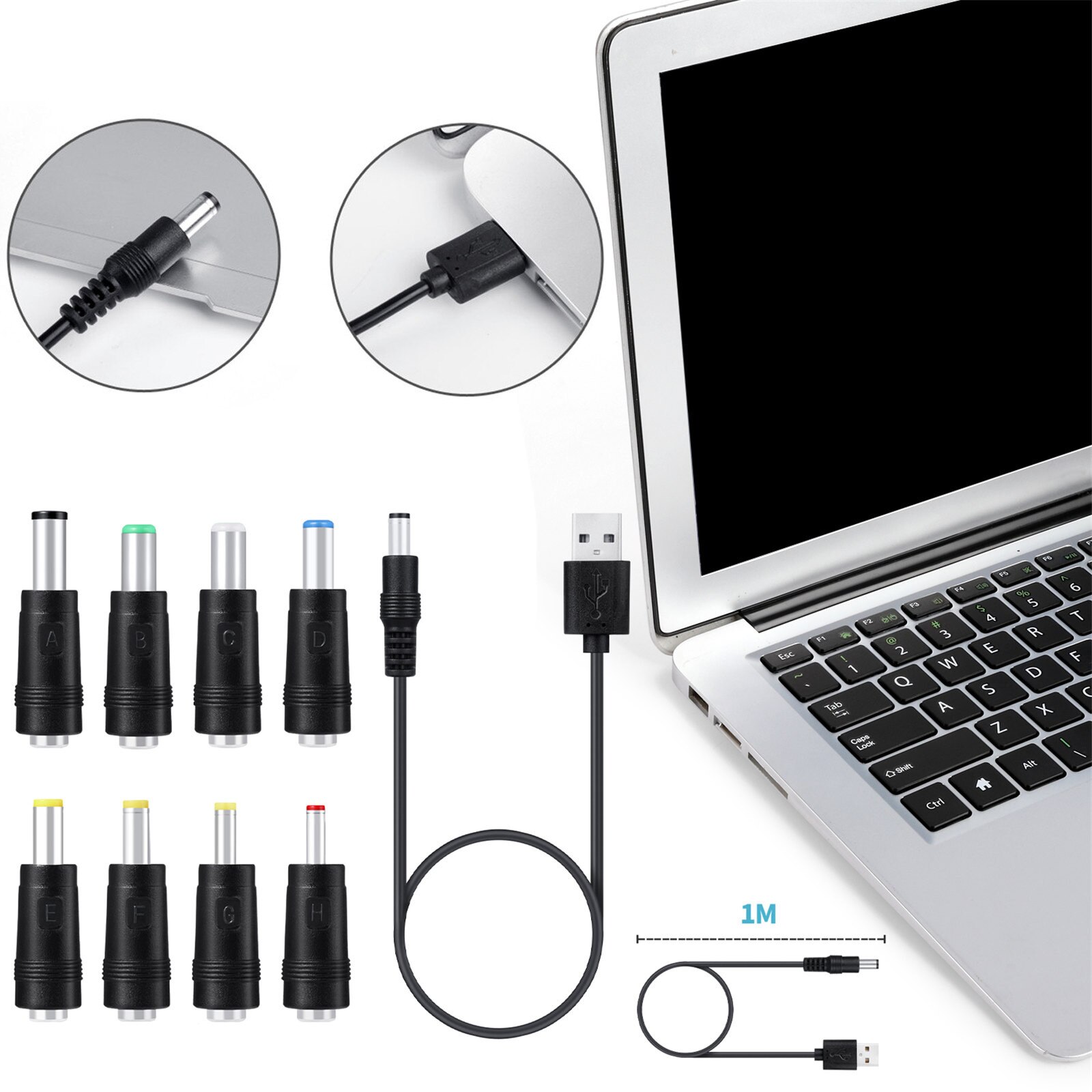USB To DC Converter Universal Laptop Charging Cable Cord with 8 interchangeable Plug Connectors For USB-HUB /Camera /Tablet