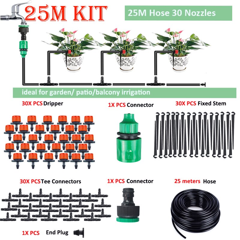Red Drip Irrigation Kit Garden Watering Irrigation System For Garden Greenhouse Lawn And Hanging Baskets: 25M kit