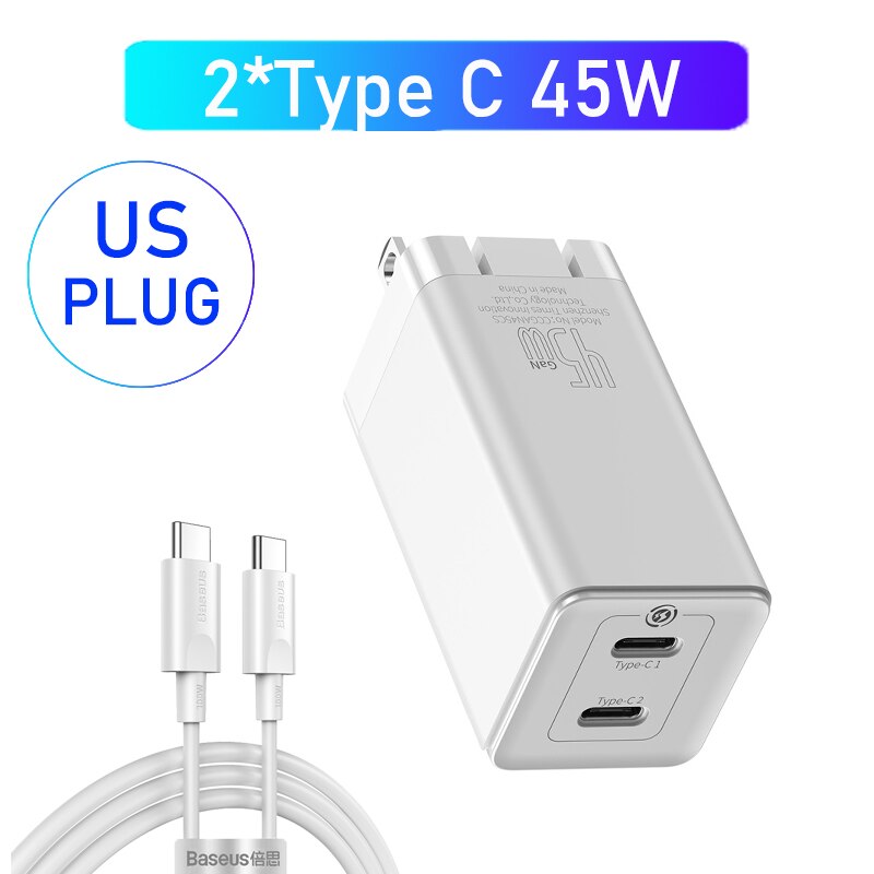 Baseus Gan Lader 45W Pd Usb Charger Quick Charge 4.0 3.0 Dual Usb Telefoon Oplader Forip Voor Huawei Mate 10 Voor Samsung Laptop: 2C Black US