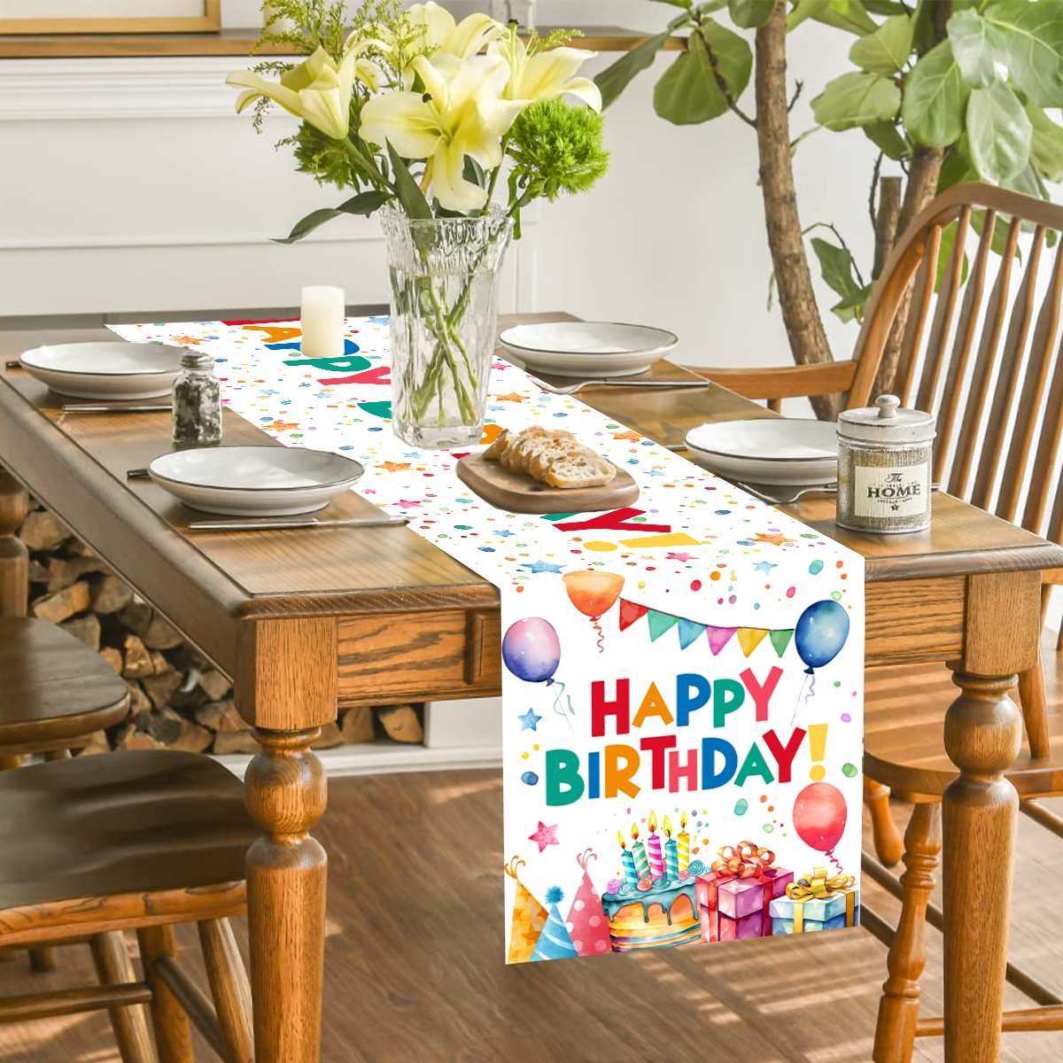 1pc Happy Birthday Party Polyester Table Runner with Colorful Balloons & Cake for Indoor/Outdoor Celebrations Home Birthd