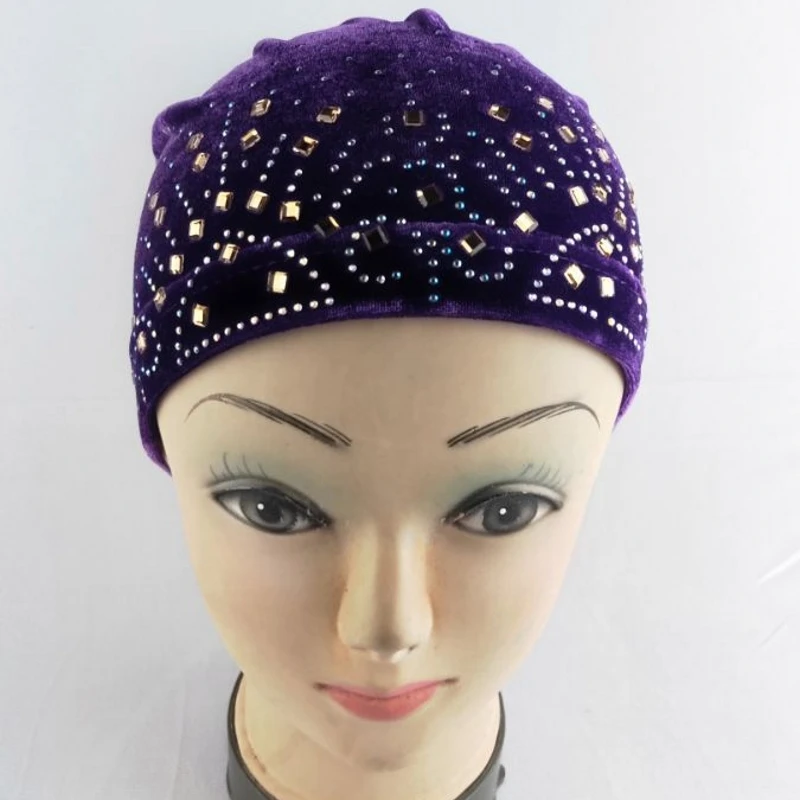 Gorro con diamantes de imitación a la para mujer, tocados de africanos, gorro de terciopelo para el cuidado del cabello, turbante, pañuelo para la cabeza, accesorios para sombrero: Morado