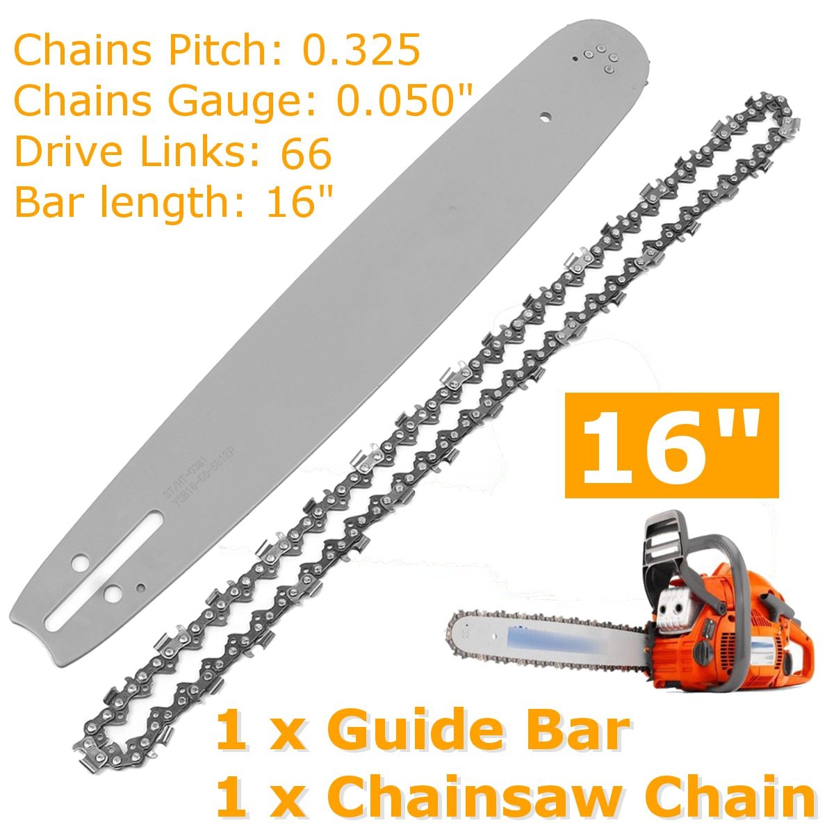 16 Inch 0.325 Toonhoogte Ketting &amp; Guide Bar Semi Beitel Chain Past Voor Husqvarna Poulan 36 41 50 51 55 346XP 450 455 460 66DL Kettingzaag