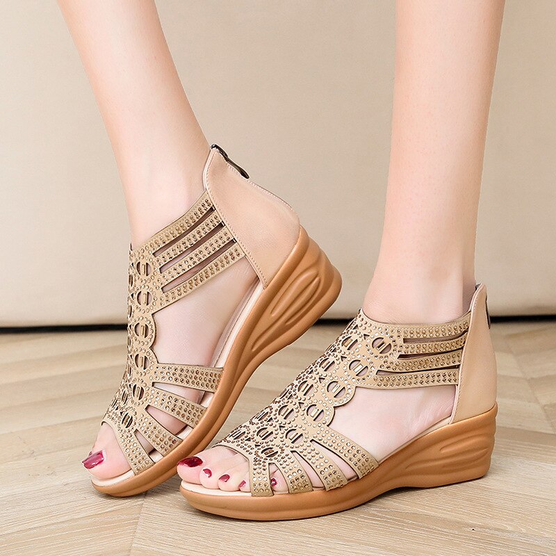 Women Crystal Rome Sandals 2022 Summer Woman Zip Wedges Ladies Comfortable Footwear Female Beach Shoes Women&#39;s Casual High Heels