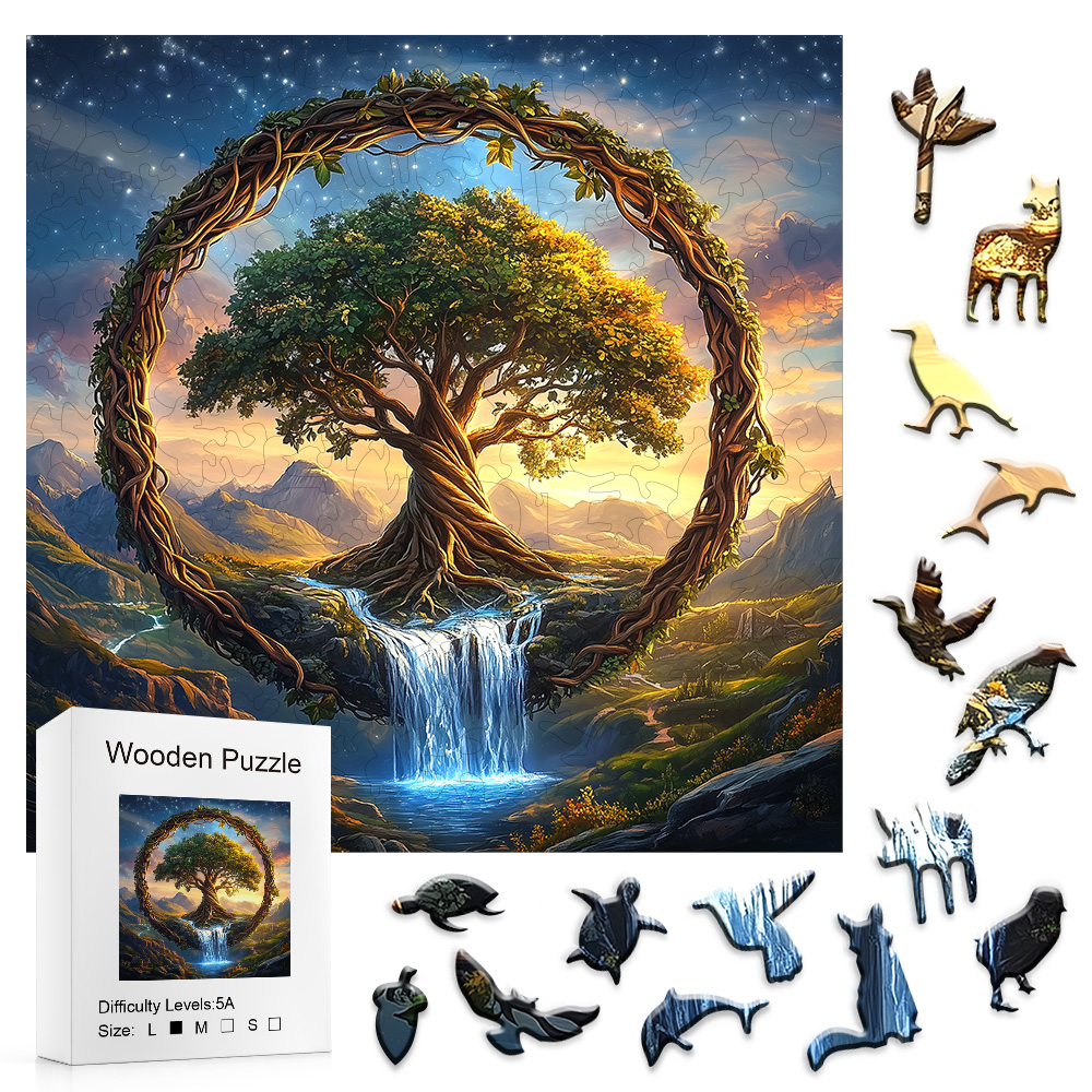 Tree of Life Waterfall River Wooden Puzzle for Adults | Uniquely Shaped Irregular Family Game – Eco-Friendly Wood Craft