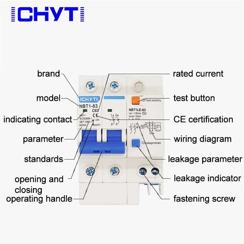 2 Pole DZ47LE NBT1LE 10A 16A 20A 25A 32A 40A 50A 63A Transparante Aardlekschakelaar Aardlekschakelaar Elcb rcbo Aardlekschakelaar